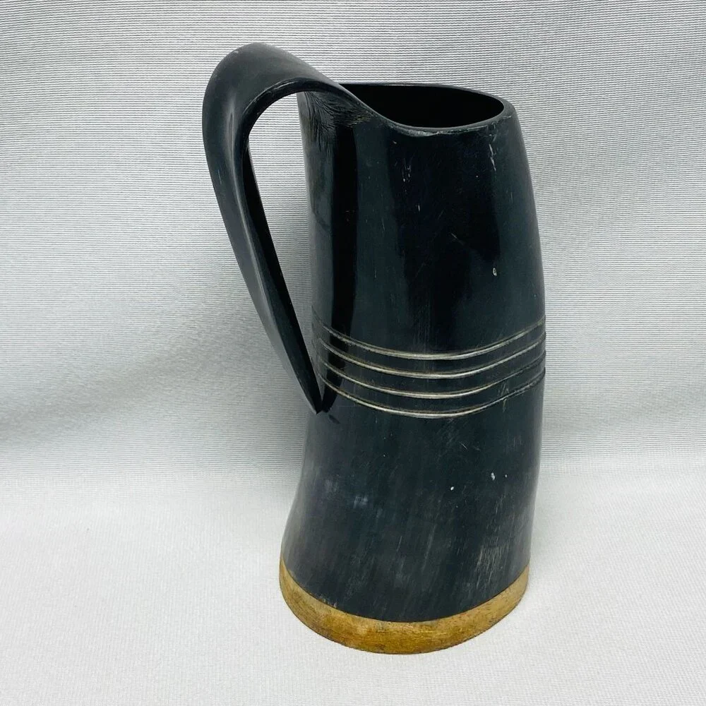 Vintage Black Horn Tankard Beer Drinking Mug With Handle & Wooden Base